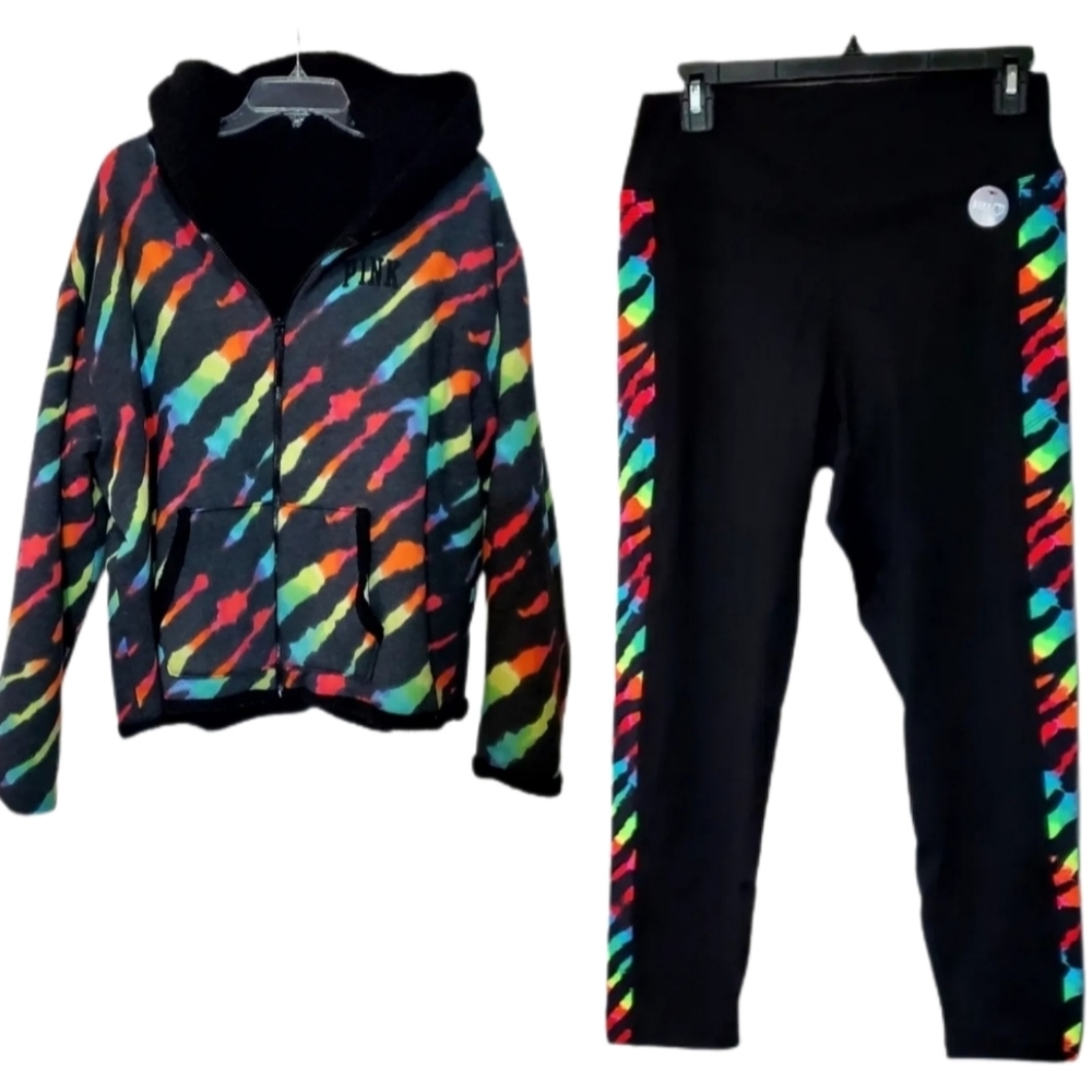 Victoria's Secret PINK Zebra Black Ombre Rainbow Tie Dye Sherpa Set
